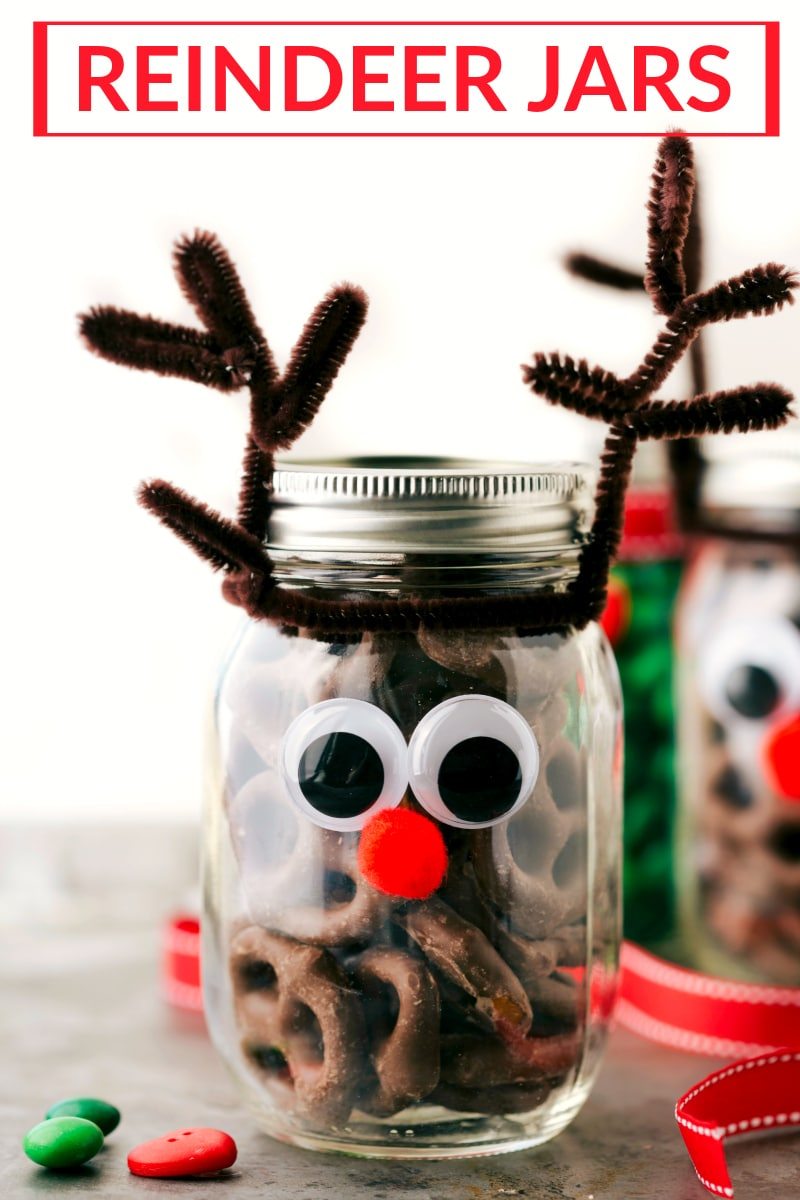 Image of the reindeer jars that go along with these Christmas Mason jar gift ideas