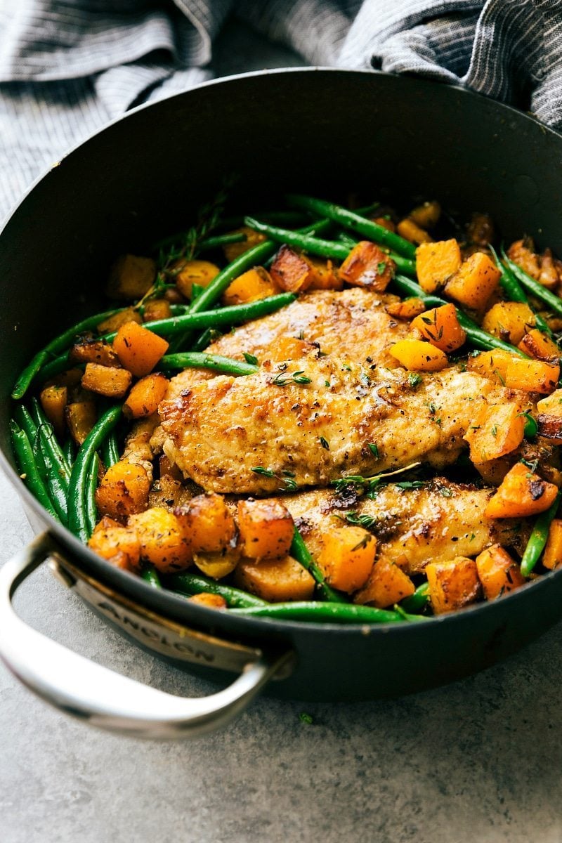 A delicious pan seared chicken, butternut squash, and green bean skillet dinner. An easy, family-friendly, 30-minute meal! Recipe from chelseasmessyapron.com