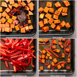 Potatoes and peppers seasoned with spices and drizzled with oil, roasting in the oven.