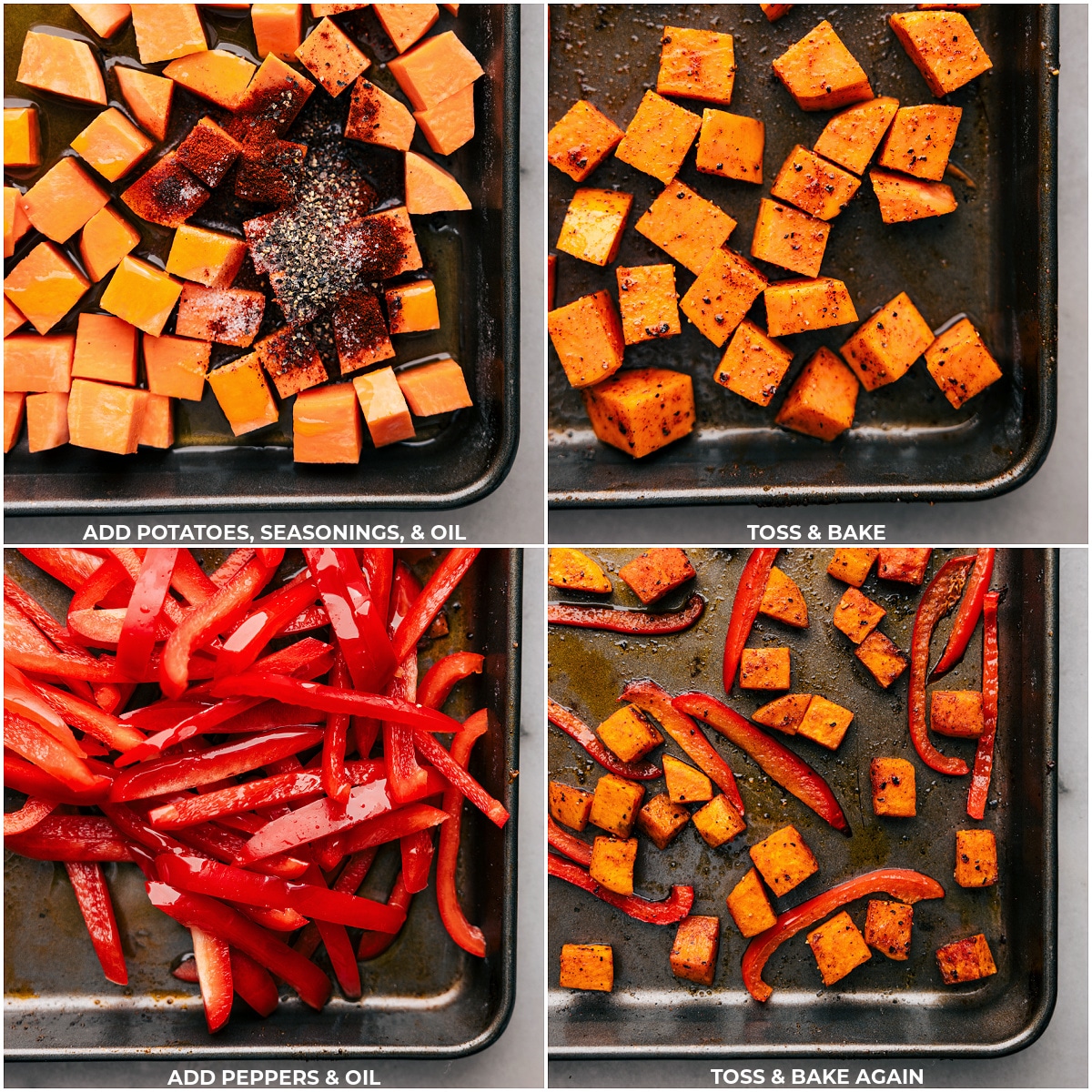 Sweet potatoes and bell peppers seasoned with spices and drizzled with oil, roasting in the oven.