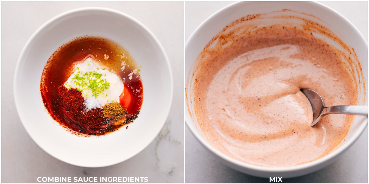 Dressing being whisked together in a bowl for Sweet Potato and Black Bean Burrito Bowls.