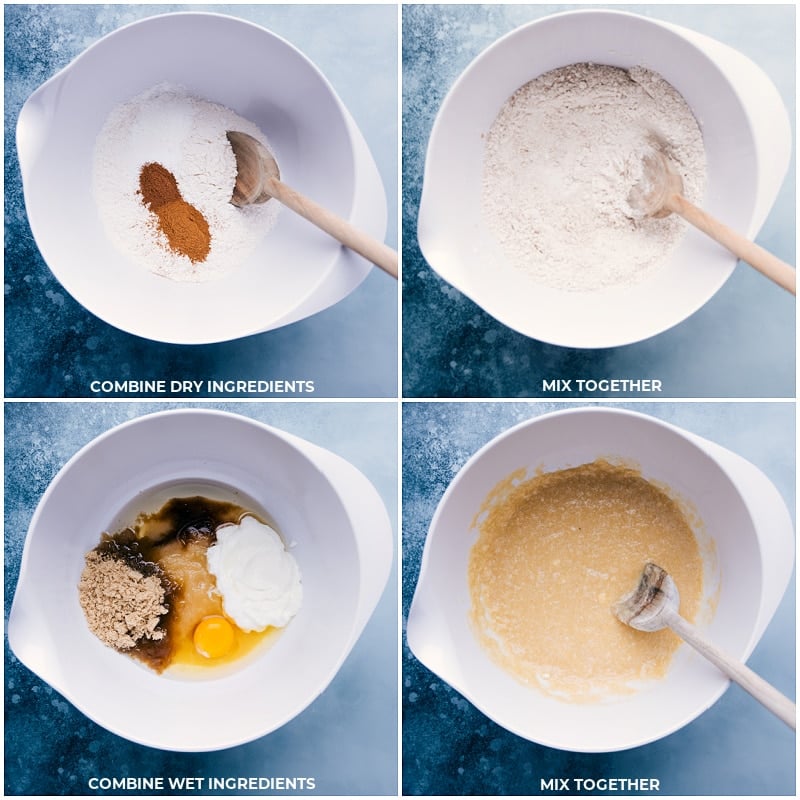 Process shots: combine dry ingredients; mix; combine wet ingredients; mix all.