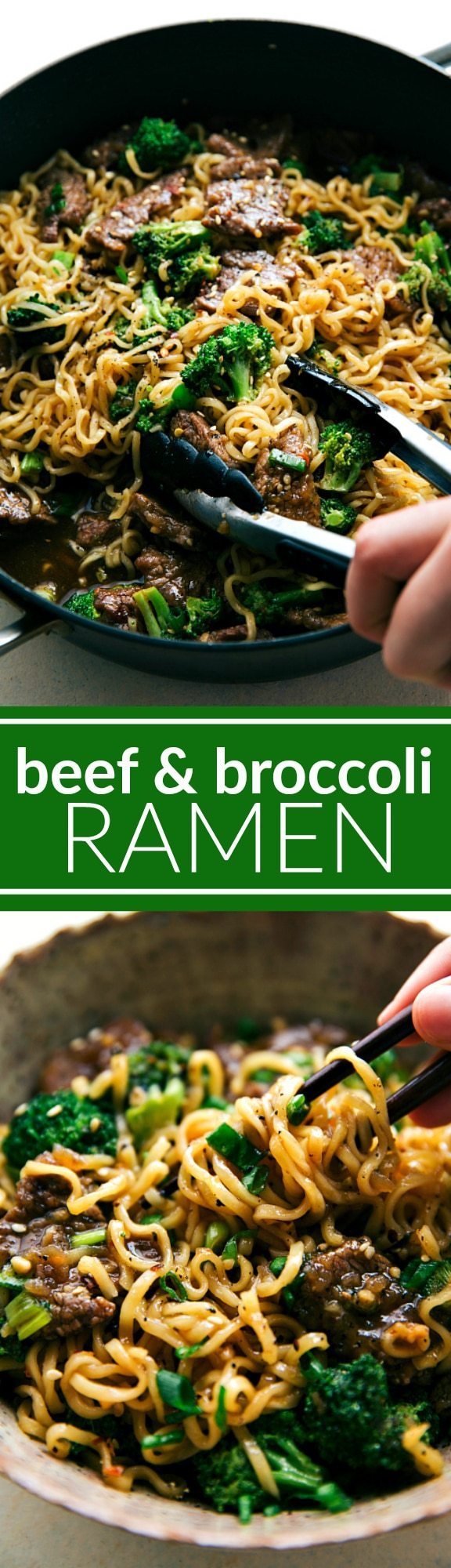 The BEST EVER beef and broccoli served over ramen! Recipe via chelseasmessyapron.com