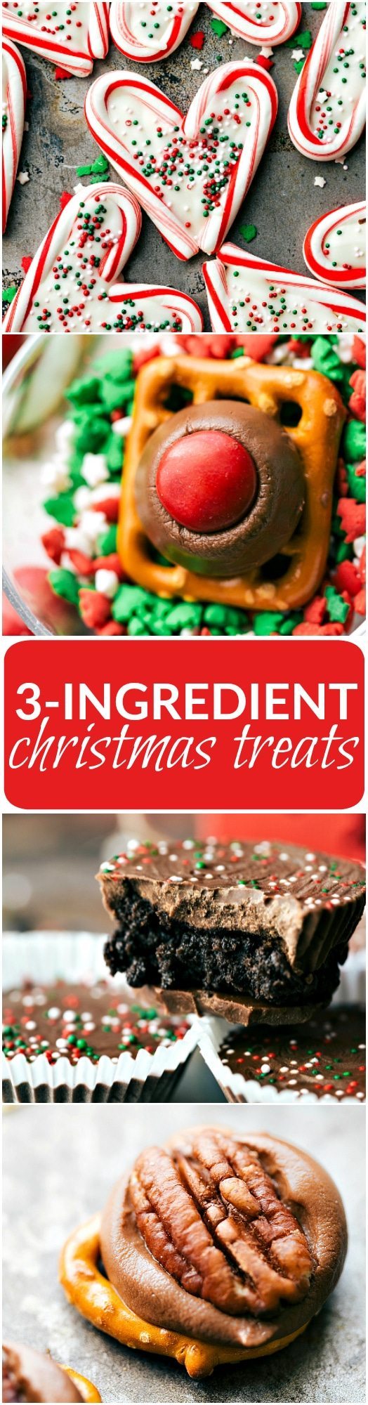 The BEST and easiest 3-ingredient Christmas treats -- perfect for giving to neighbors, bringing into work, taking to a party, or enjoying with your family! Homemade white chocolate peppermint hearts, pretzel hug/kiss bites, thin mint oreo cups, and easy turtles. FOUR recipes via chelseasmessyapron.com