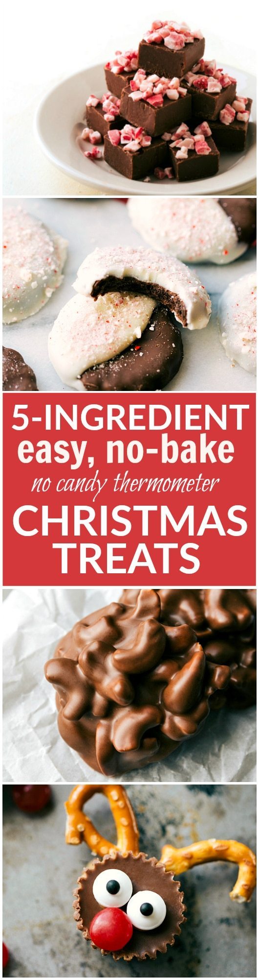 Four different easy, quick, and fool-proof Christmas treats that the kids can help with! Perfect for gift-giving and enjoying with the family. Peppermint bark cookies, toffee cashew clusters, microwave fudge, and rudolph bites! Recipes via chelseasmessyapron.com