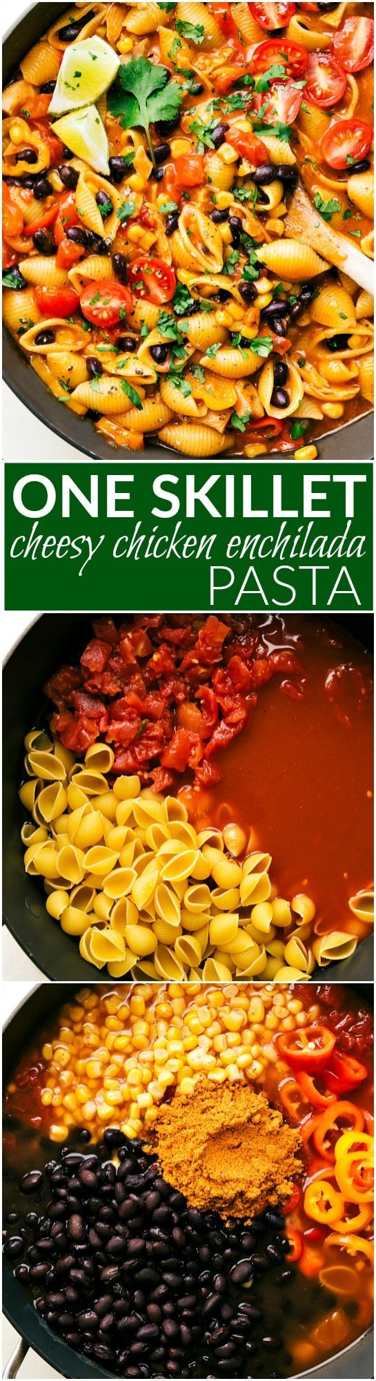 An easy one skillet chicken enchilada pasta dish that comes together in less than thirty minutes. A meal the whole family will love! Recipe via chelseasmessyapron.com