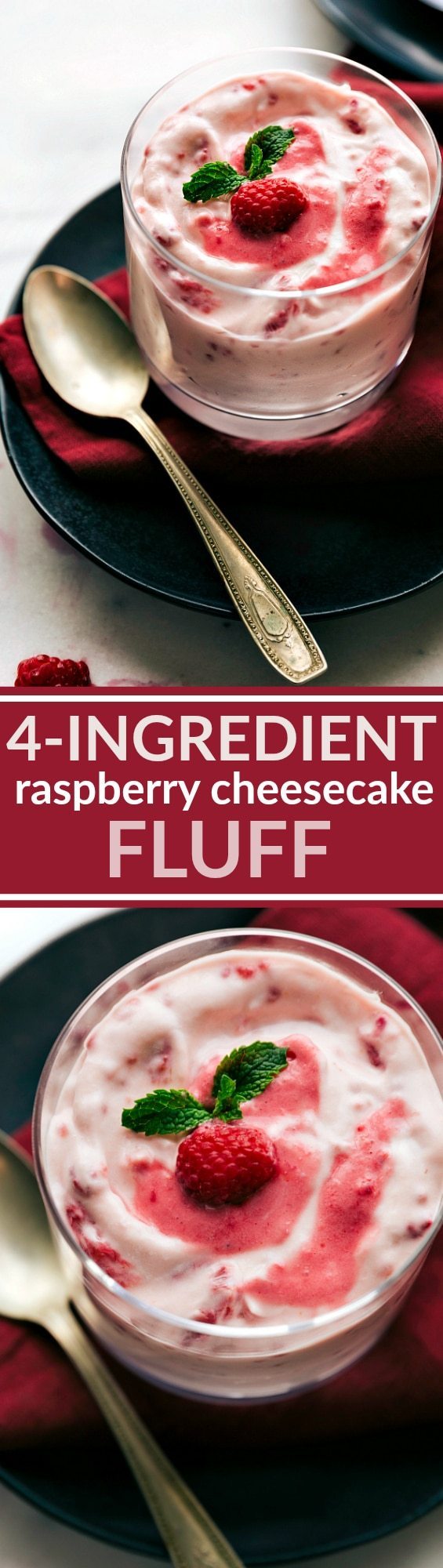 FOUR INGREDIENT RASPBERRY CHEESECAKE FLUFF. A ridiculously easy dessert salad, only FIVE minutes prep and totally foolproof! Recipe via chelseasmessyapron.com