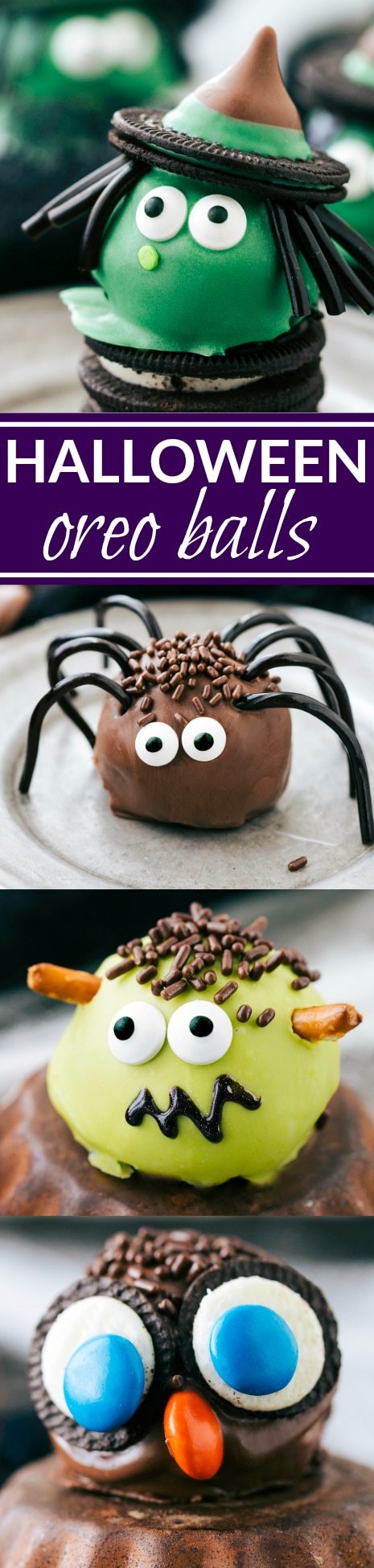 Four different ways to dress up an oreo ball for Halloween -- a witch, spider, frankenstein, and an owl. Easy and delicious treats that are perfect for a party! Recipe via chelseasmessyapron.com
