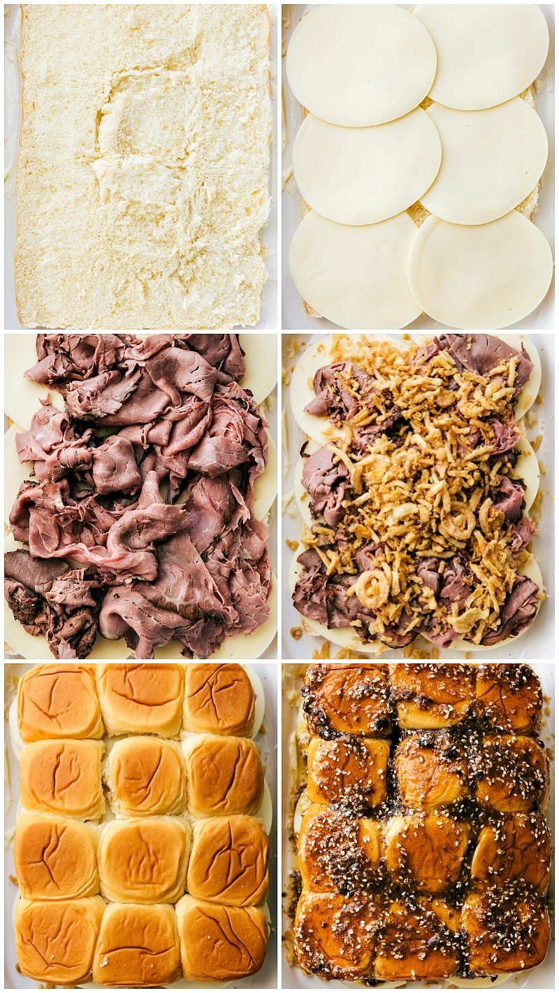 Provolone, roast beef, crispy onions, all being layered on rolls and topped with another layer of rolls and butter.