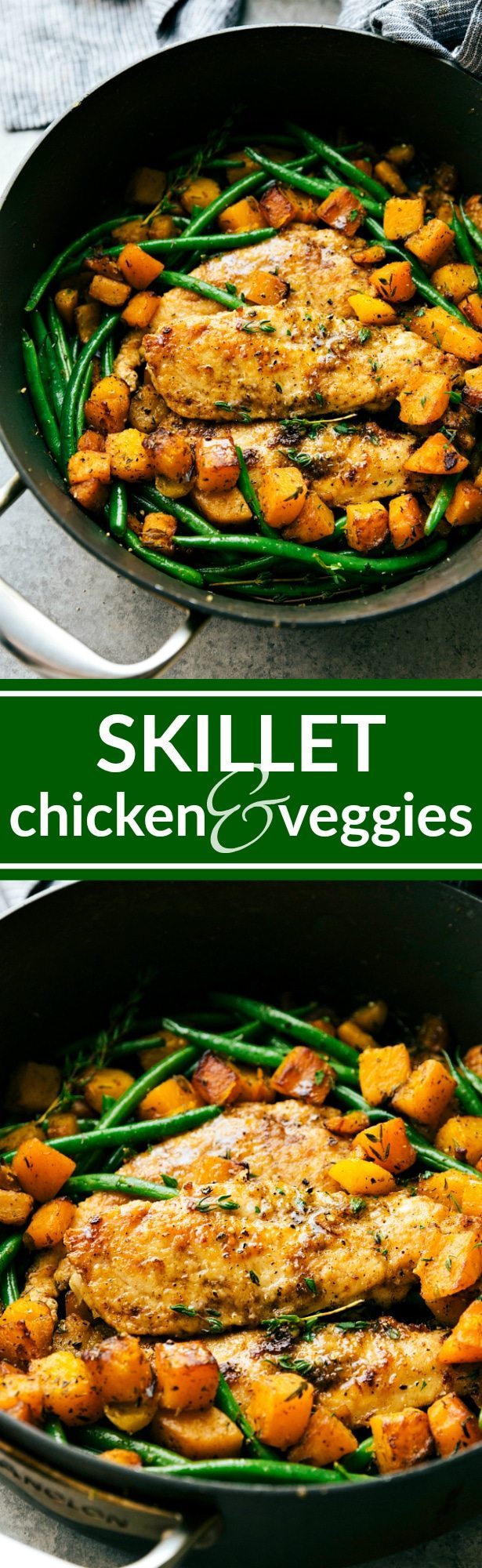 A delicious pan seared chicken, butternut squash, and green bean skillet dinner. An easy, family-friendly, 30-minute meal! via chelseasmessyapron.com