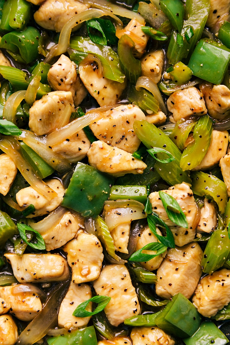 Overhead image of Black Pepper Chicken cooked and ready to be served.