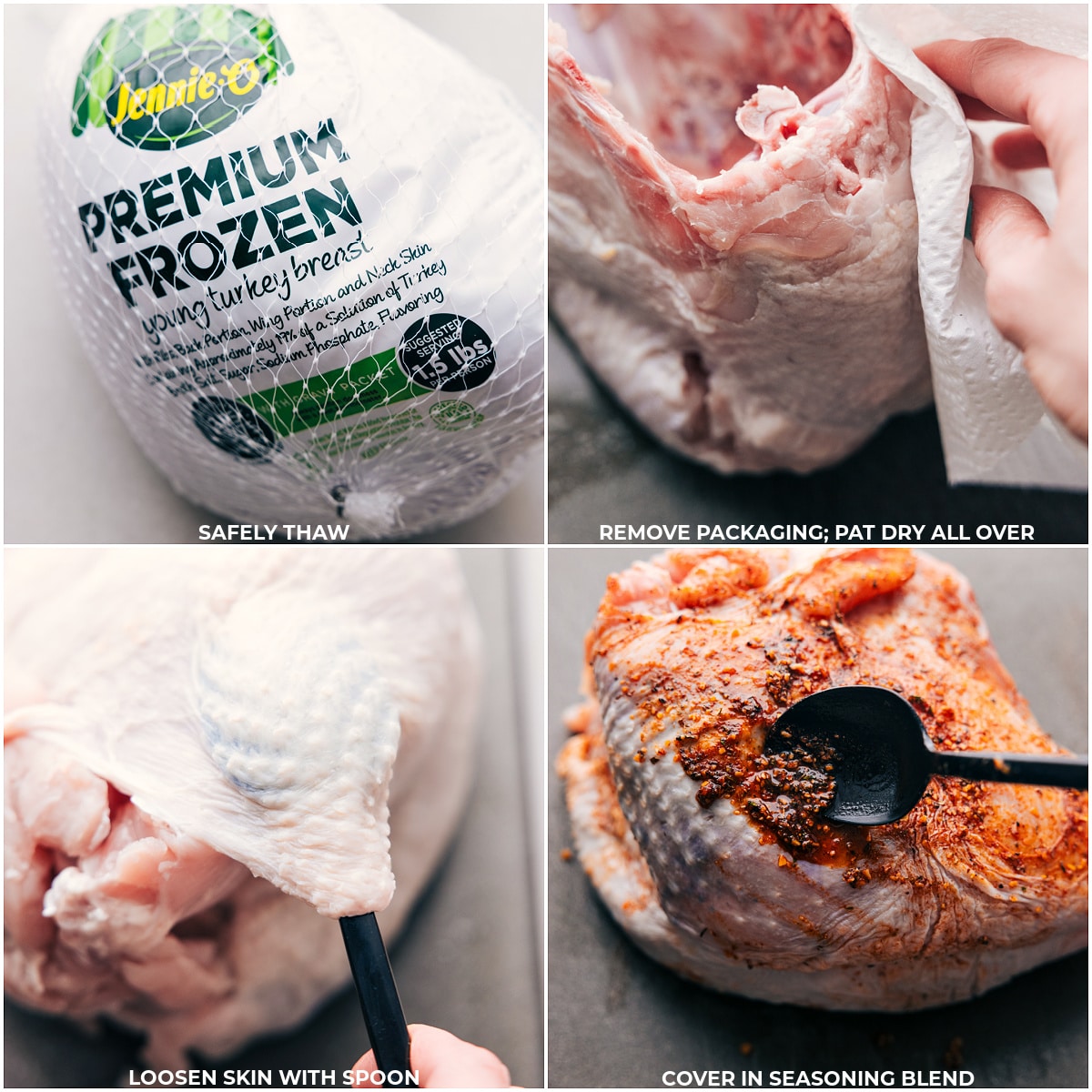 Thawed turkey being removed from packaging, patted dry, with skin loosened and covered in a seasoning blend.