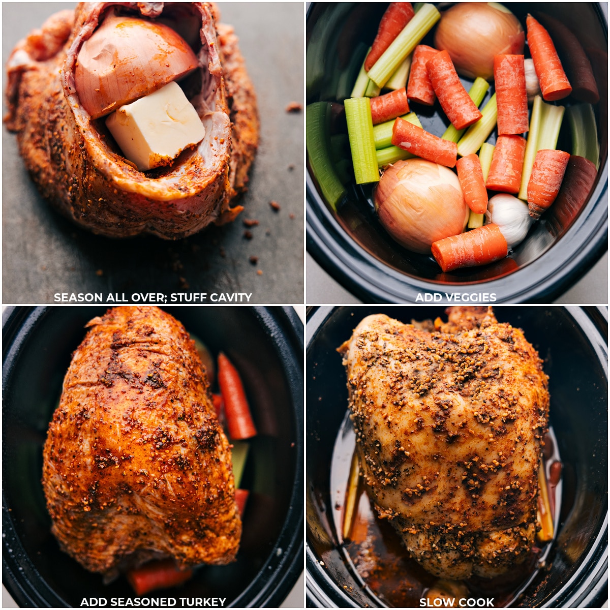Seasoning the turkey all over, stuffing the cavity, adding vegetables to a crockpot, and placing the turkey on top for slow cooking the delicious turkey breast in crockpot.