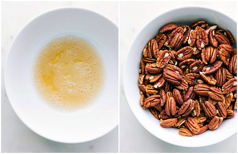 Process shots of Candied Pecans recipe -- egg white mixture and pecans.