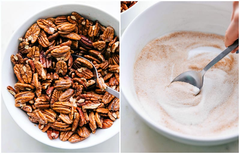 Process shots for making Candied Pecans -- showing the pecans being mixed in egg whites; the sugar mixture being stirred.