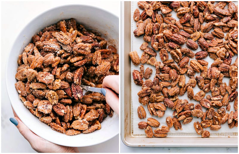 Process shot showing Candied Pecans being stirred in a large bowl and then placed on a tray.