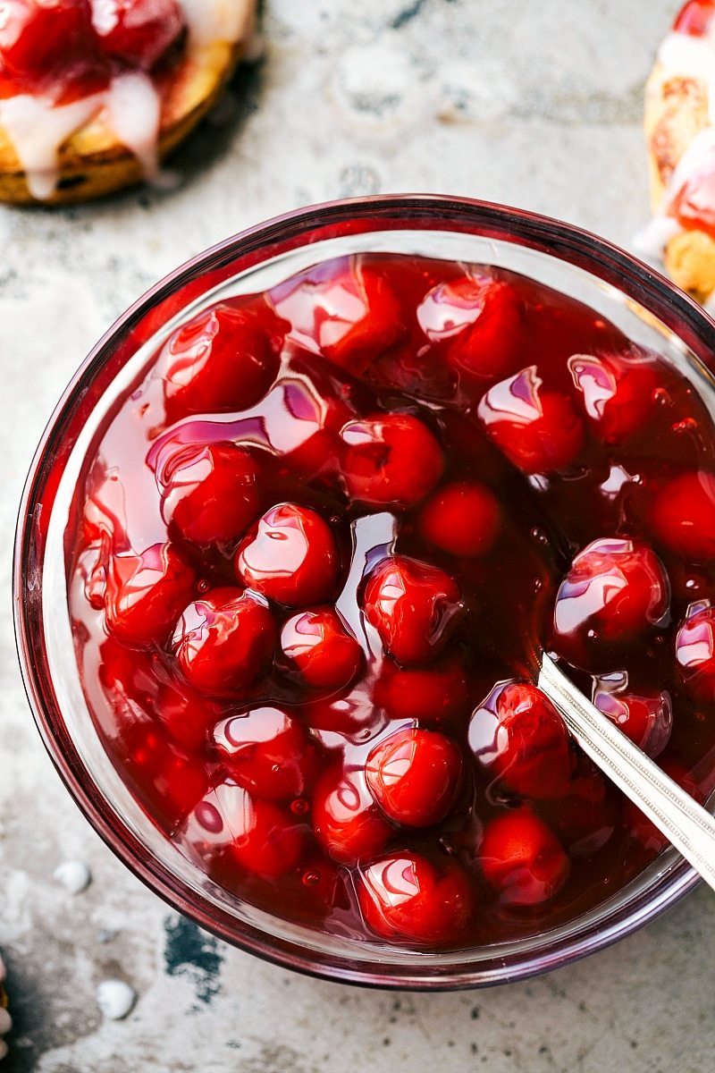 Close-up view of an open can of cherries