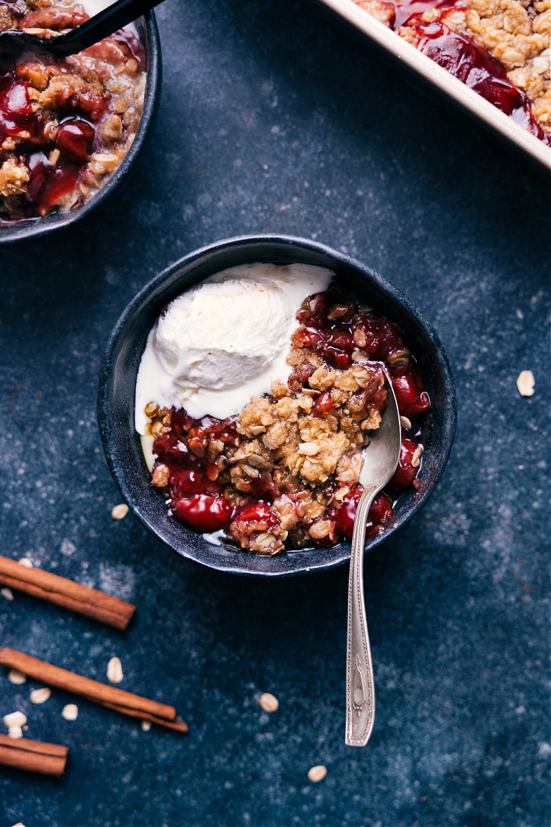 Overhead image of the Cherry Crisp with a scoop of ice cream on it