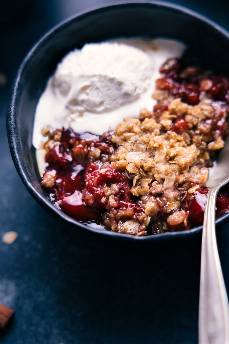 Overhead image of Cherry Crisp in a bowl!