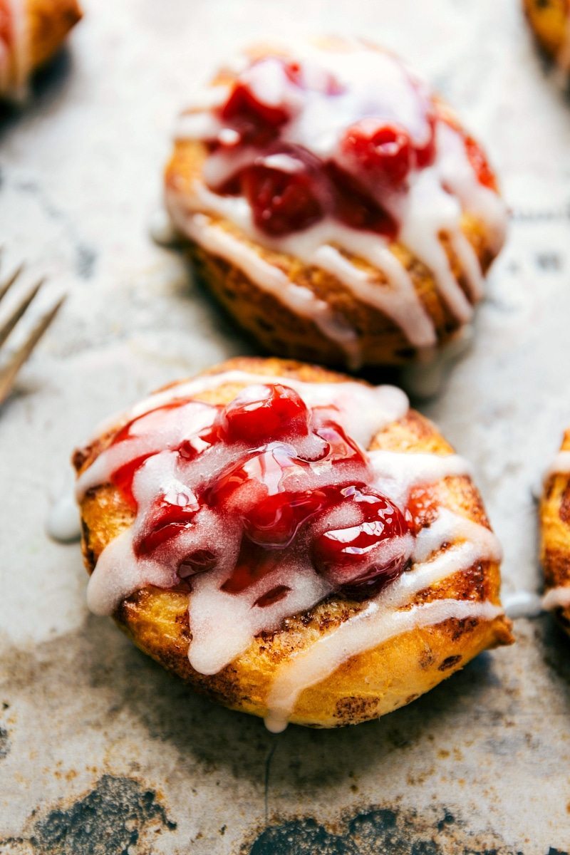 Overhead view of two Cherry Danishes