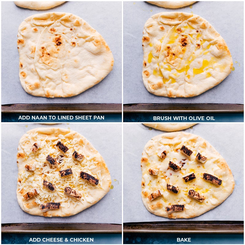 Process shots-- baking the naan bread, chicken and cheese 