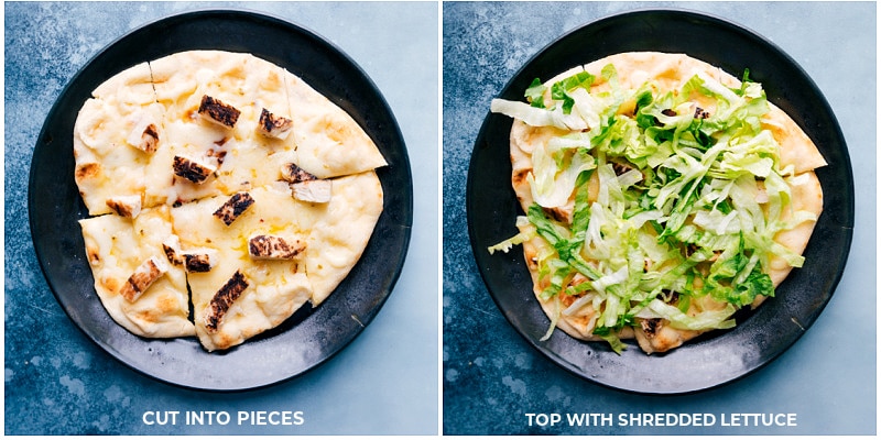 process shots-- shredded lettuce added on top of the baked flatbread