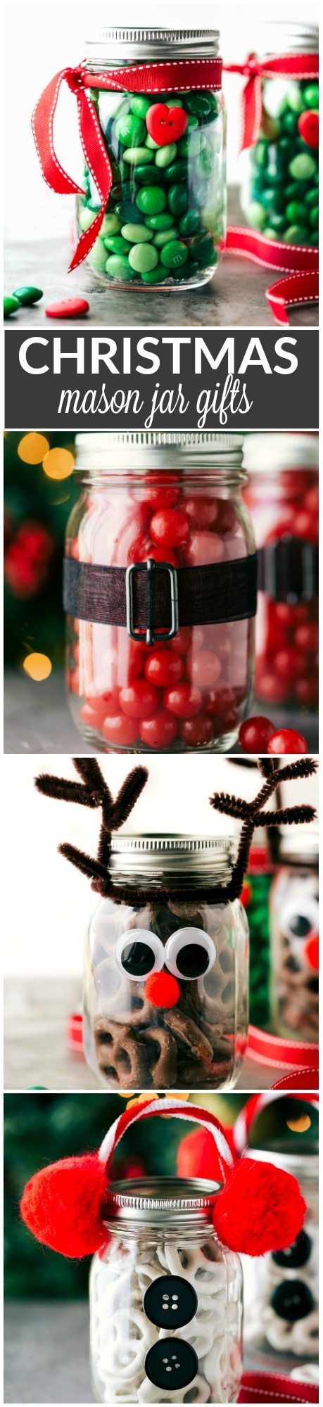 Four easy and creative mason jar CHRISTMAS treat gift ideas. A grinch jar, santa jar, reindeer jar, and snowman jar! Via chelseasmessyapron.com