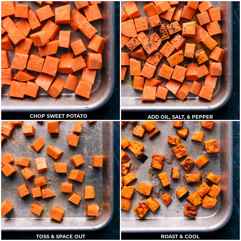 Process shots: chop sweet potato and toss with oil, salt and pepper; roast until tender and browned.