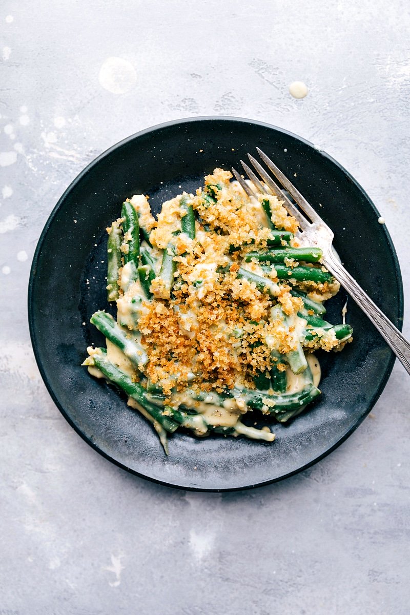 Delicious green bean casserole served on a plate, ready to be enjoyed.