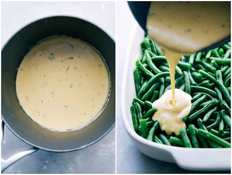 Image of the cream sauce being poured over the green beans for this bean casserole recipe.