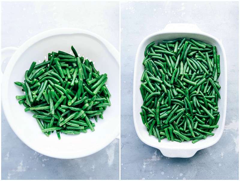 Fresh green beans being added to the casserole dish for the green bean casserole recipe.