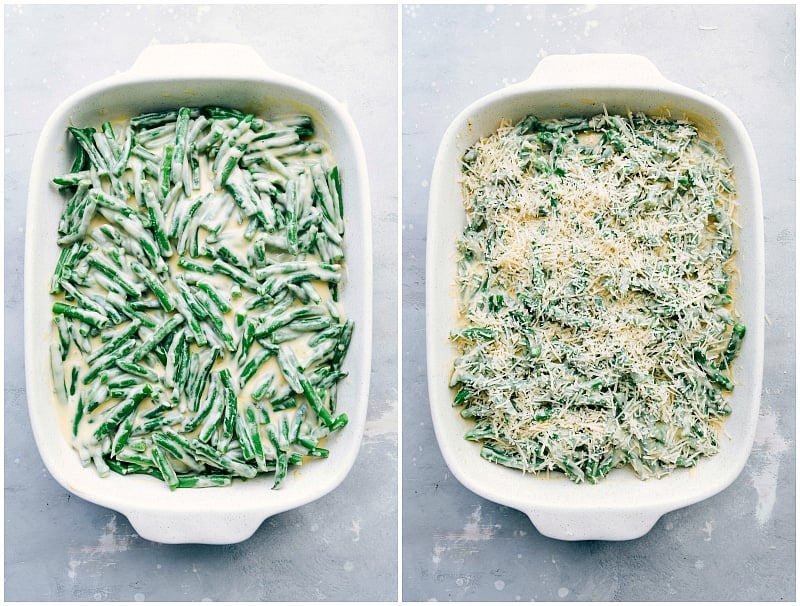 Cheese being generously added over the green beans in the casserole dish for the green bean casserole.