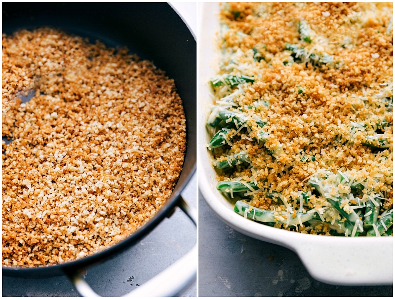 Panko bread crumbs being toasted and sprinkled on top of the other ingredients.