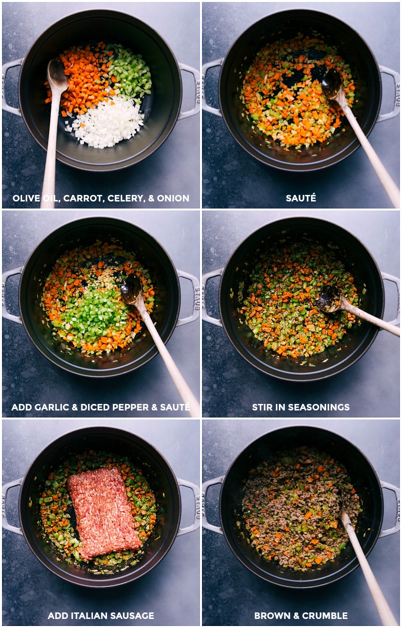 Sautéing carrot, celery, onion, garlic, and diced pepper in olive oil, stirring in seasonings, and browning and crumbling the meat as it cooks.