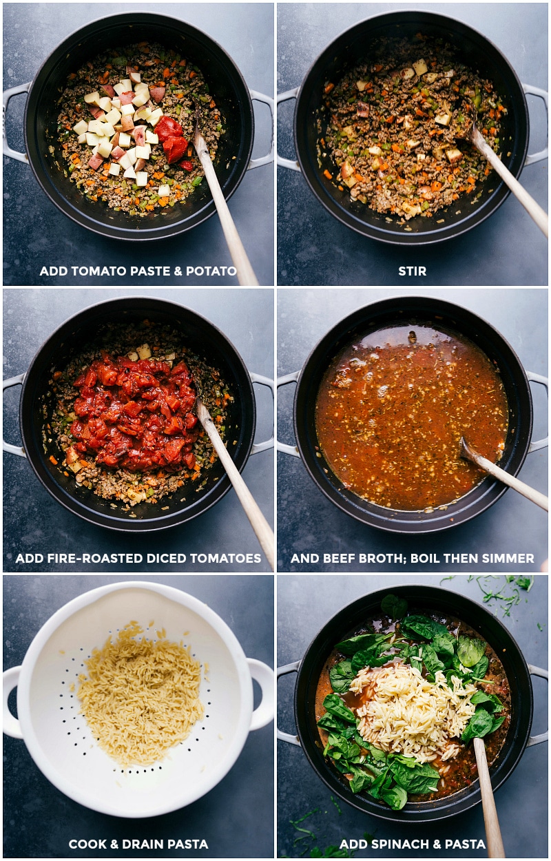 Adding tomato paste and potato to the italian sausage and orzo soup, followed by diced tomatoes and beef broth to simmer, then adding cooked and drained orzo and baby spinach.