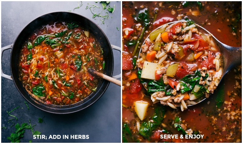 Photos showing the herbs being stirred into the soup; a ladle scooping up soup to serve.