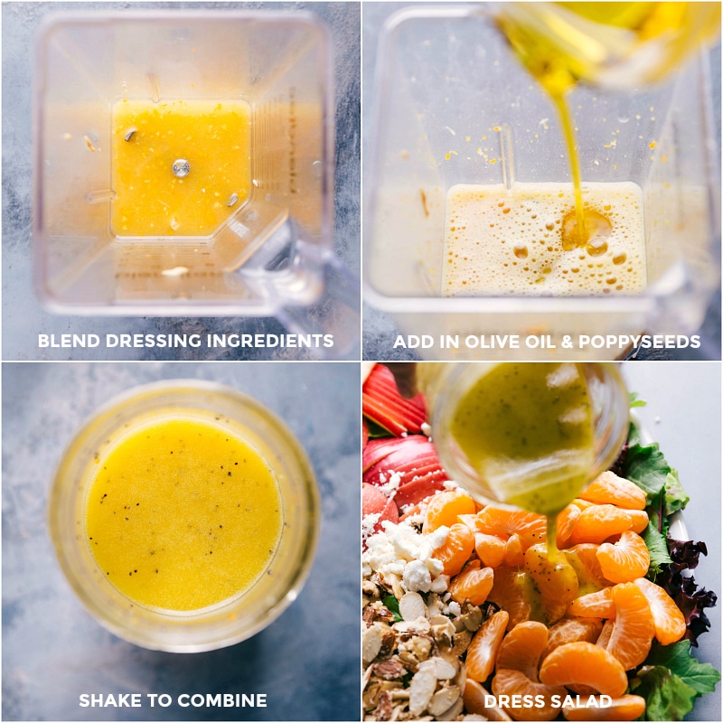 Dressing preparation: blending ingredients, adding olive oil and poppy seeds, shaking to combine, and pouring.