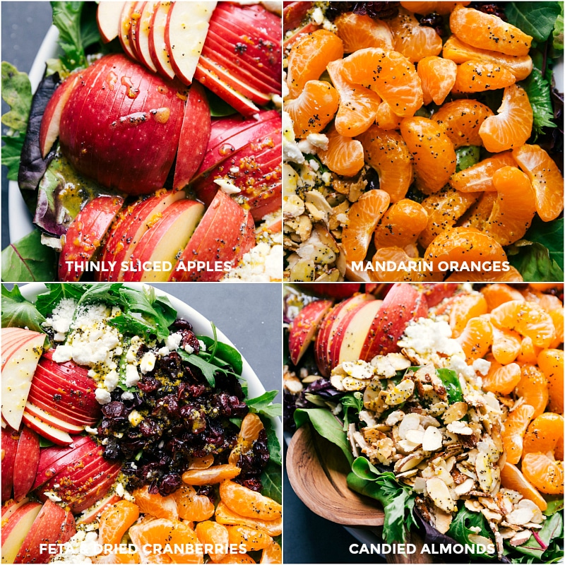 Array of luscious salad toppings: thinly sliced apples, mandarin oranges, feta cheese, dried cranberries, and candied almonds.