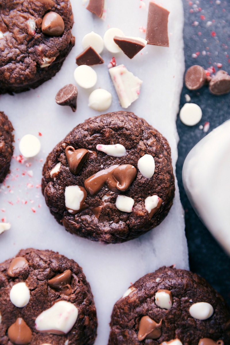 Delicious peppermint bark cookies, fresh out of the oven with melting chocolate chips on top.