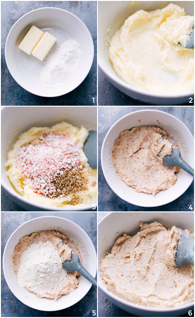 Process shots-- images of Peppermint Snowball Cookie dough being made.