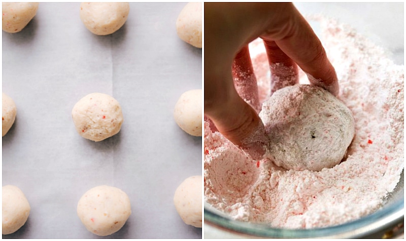 Process shot-- image of the cookie dough on a sheet pan ready to be baked; freshly baked cookie being dipped in peppermint and powdered sugar.