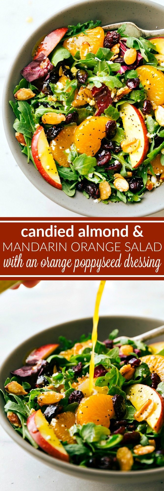 A great holiday entertaining salad -- mandarin orange, apples, cranberries, feta cheese, and easy stovetop candied almonds all covered in a delicious orange poppyseed dressing. via chelseasmessyapron.com