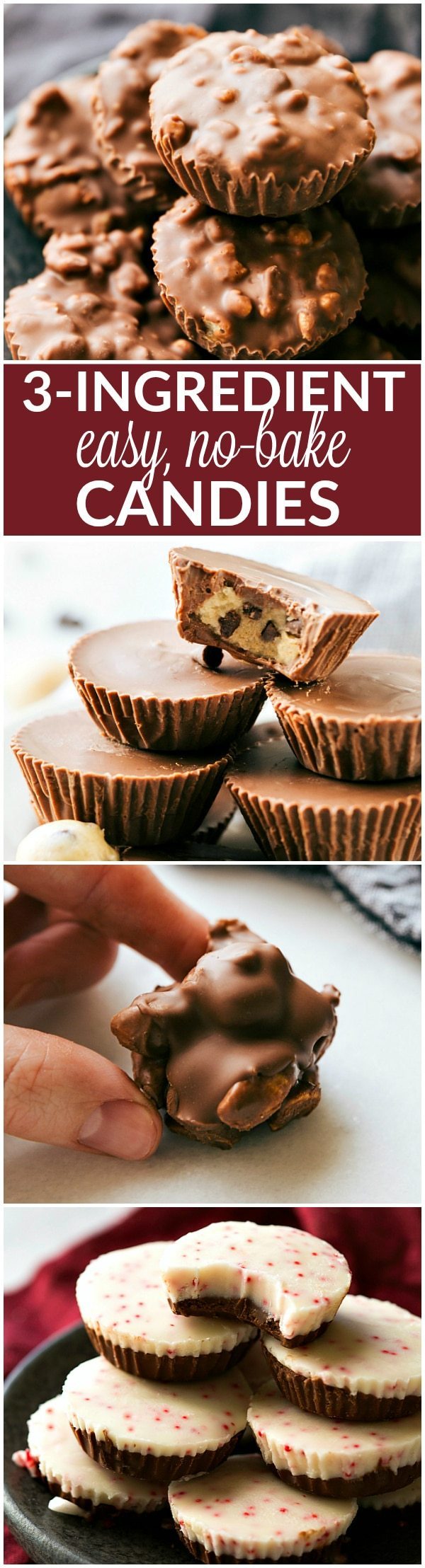 A collection of four different MUFFIN TIN TREATS all with just 3-ingredients. Peppermint Bark Bites, Cookie Dough Cups, Crunch Cups, & Easy Peanut Clusters. No baking required! Perfect for sharing with friends/family, giving out as gifts, bringing into work, or enjoying yourself! via chelseasmessyapron.com