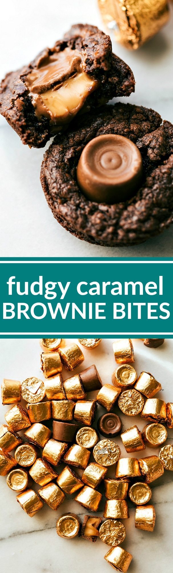 CREAM CHEESE BROWNIE CARAMEL BITES! An easy and ultra fudgy brownie base filled with a chocolate caramel candy. Pure caramel chocolate bliss in an easy to make dessert! via chelseasmessyapron.com