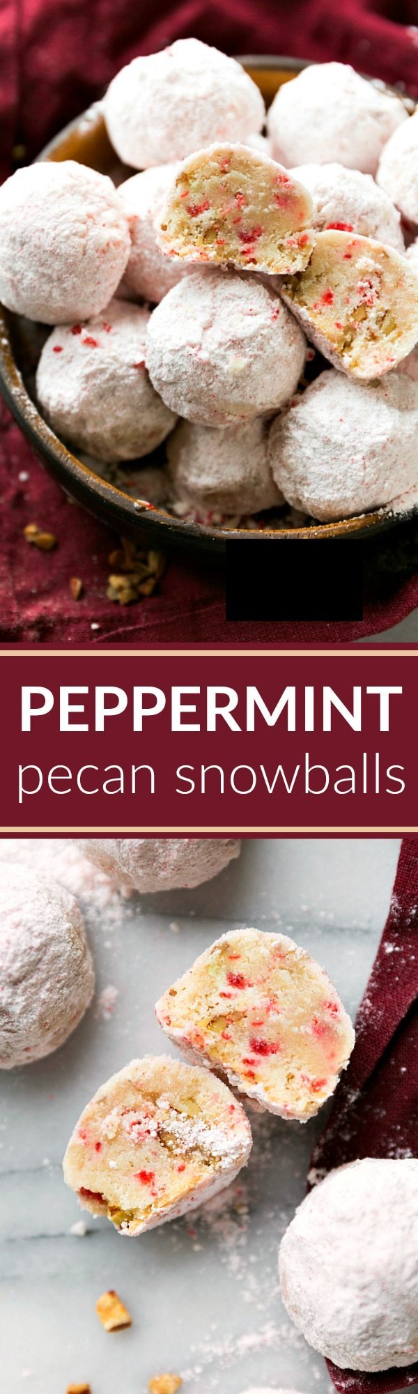 EASY PEPPERMINT PECAN SNOWBALLS! Easy to make snowball cookies with crushed peppermint and pecans. Recipe from chelseasmessyapron.com