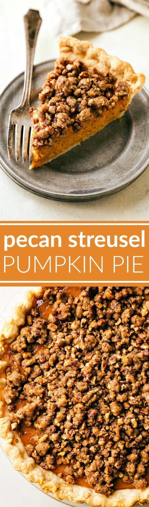 A simple-to-make (no hand mixers or stand mixers required!) pumpkin pie with a delicious sugary-pecan streusel. The (optional) two-ingredient maple whipped topping takes this pie over the top! via chelseasmessyapron.com
