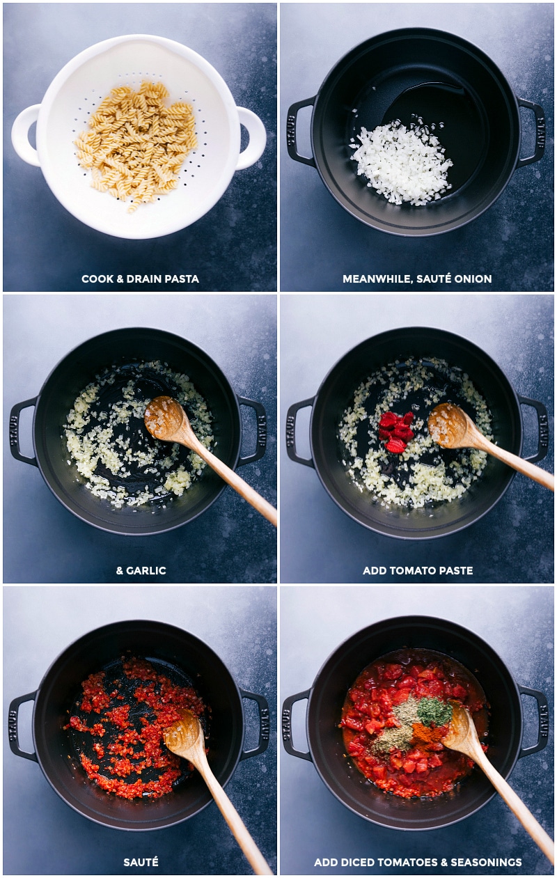 Collage showing the steps to preparing Chicken Parmesan Soup.