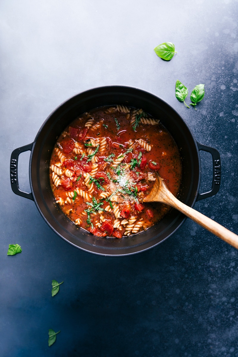 Overhead view of a pot of Chicken Parmesan Soup.