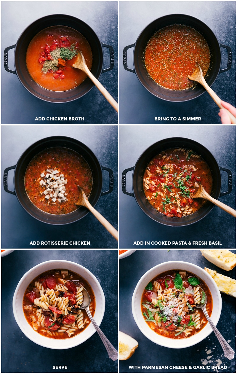 Collage showing the final steps to prepare Chicken Parmesan Soup.