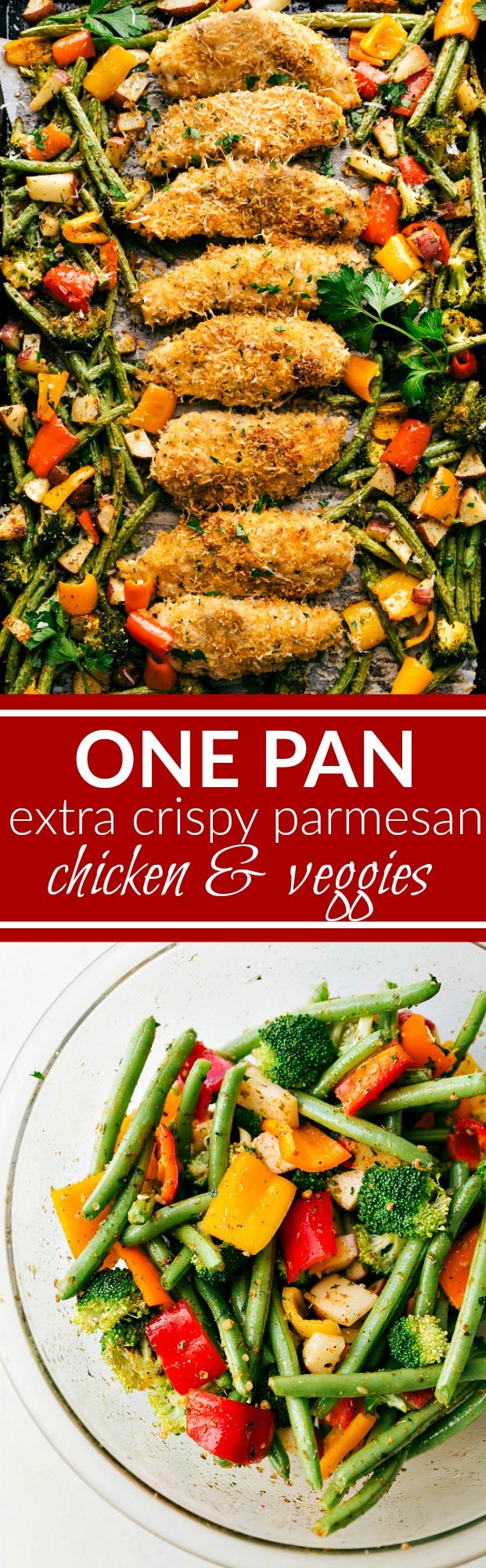 Baked EXTRA CRISPY parmesan chicken and veggies -- dinner made on one pan and packed with flavor! Sure to be a hit with the entire family! via chelseasmessyapron.com